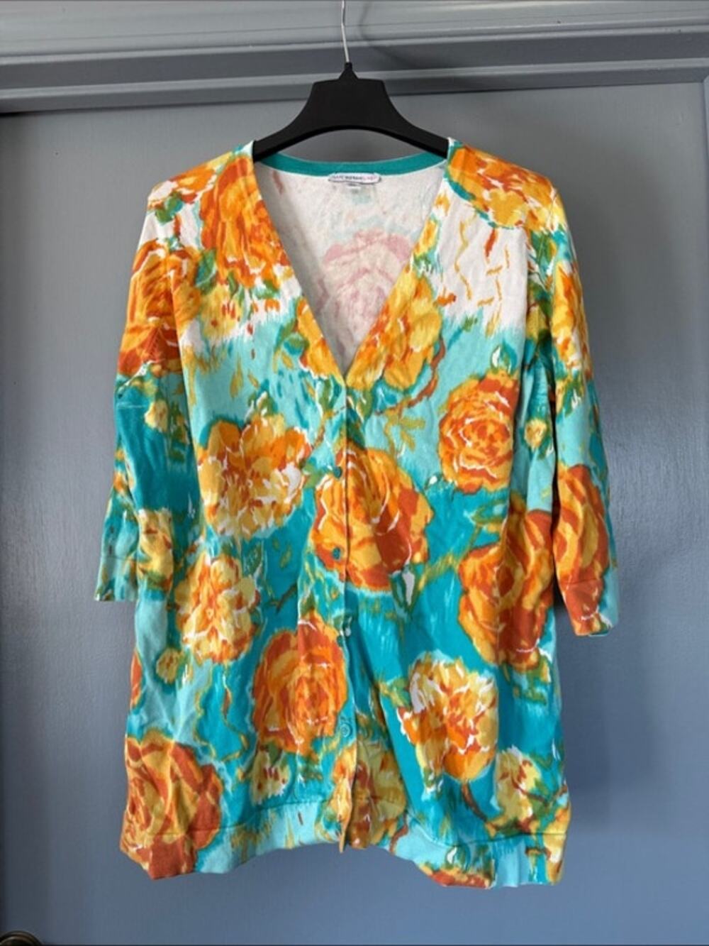 Isaac Mizrahi Live Blue Yellow Floral Button Front Cardigan 3/4 Sleeve sz 2X